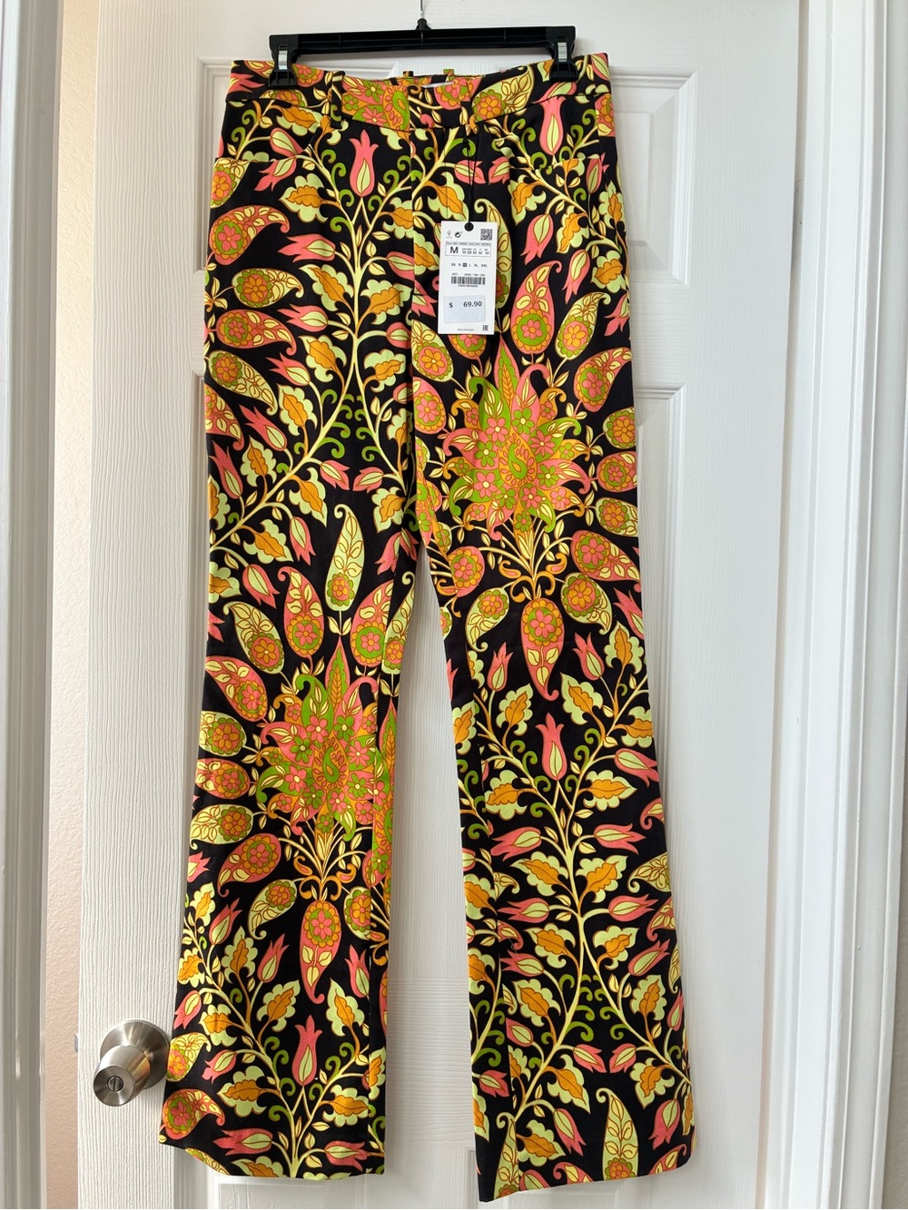 Zara Black Floral Wide-Leg Pants with Yellow, Green & Pink Pattern